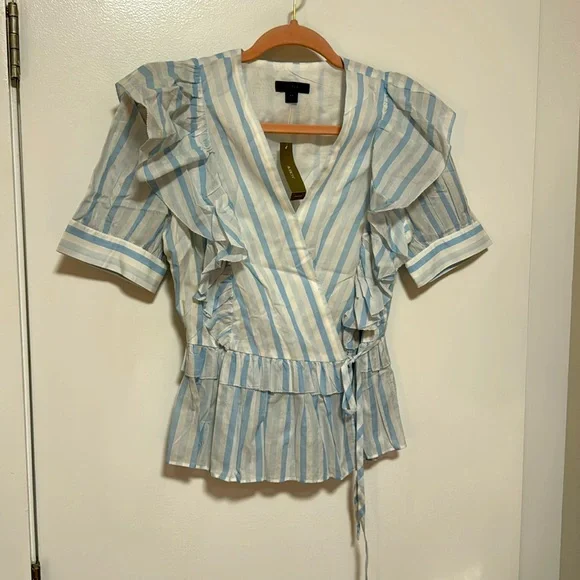 NWT j. Crew ruffle wrap top in blue white stripe size xs - Picture 2 of 3